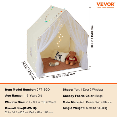 Kids Play Tent, Kids Tent for Kids 1-5 Years Old, Toddler Tent with Mat and Tent Lamp, Tent for Kids with Windows for Indoor and Outdoor, Yurt Tent for Boys and Girls, Beige - The Little Big Store