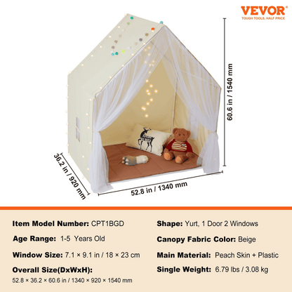 Kids Play Tent, Kids Tent for Kids 1-5 Years Old, Toddler Tent with Mat and Tent Lamp, Tent for Kids with Windows for Indoor and Outdoor, Yurt Tent for Boys and Girls, Beige - The Little Big Store