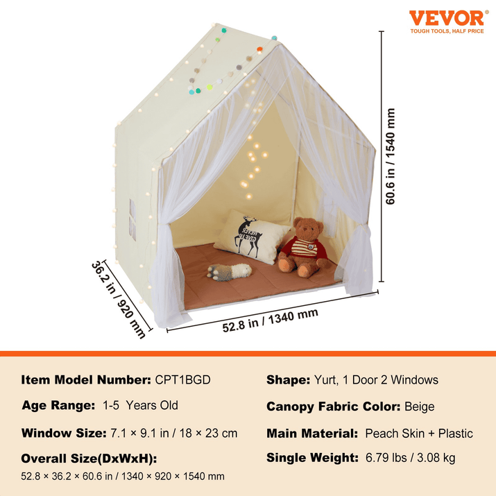 Kids Play Tent, Kids Tent for Kids 1-5 Years Old, Toddler Tent with Mat and Tent Lamp, Tent for Kids with Windows for Indoor and Outdoor, Yurt Tent for Boys and Girls, Beige - The Little Big Store