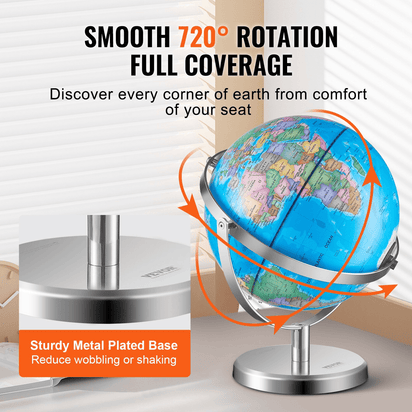 VEVOR Illuminated World Globe with Stand, 9 in/228.6 mm, Educational Earth Globe with Stable Heavy Metal Base and LED Constellation Night Light HD Printed Map, Spinning for Kids Classroom Learning - The Little Big Store