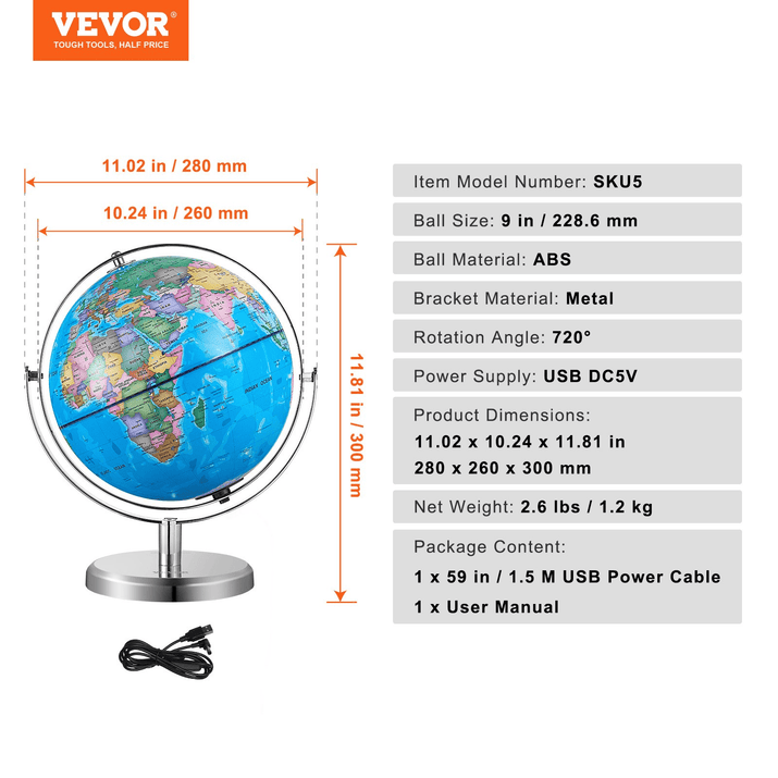 VEVOR Illuminated World Globe with Stand, 9 in/228.6 mm, Educational Earth Globe with Stable Heavy Metal Base and LED Constellation Night Light HD Printed Map, Spinning for Kids Classroom Learning - The Little Big Store