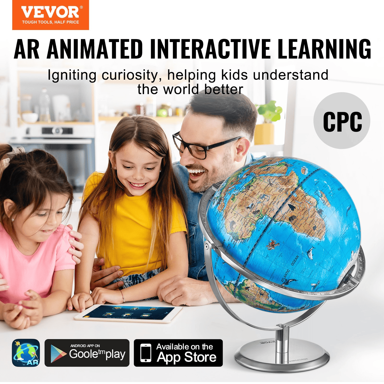 VEVOR Educational Globe for Kids, 10 in/254 mm, Interactive AR World Globe with AR Golden Globe APP LED Night Lighting 720° Rotation, STEM Toy Gifts for Kids Compatible with Android or iOS Devices - The Little Big Store