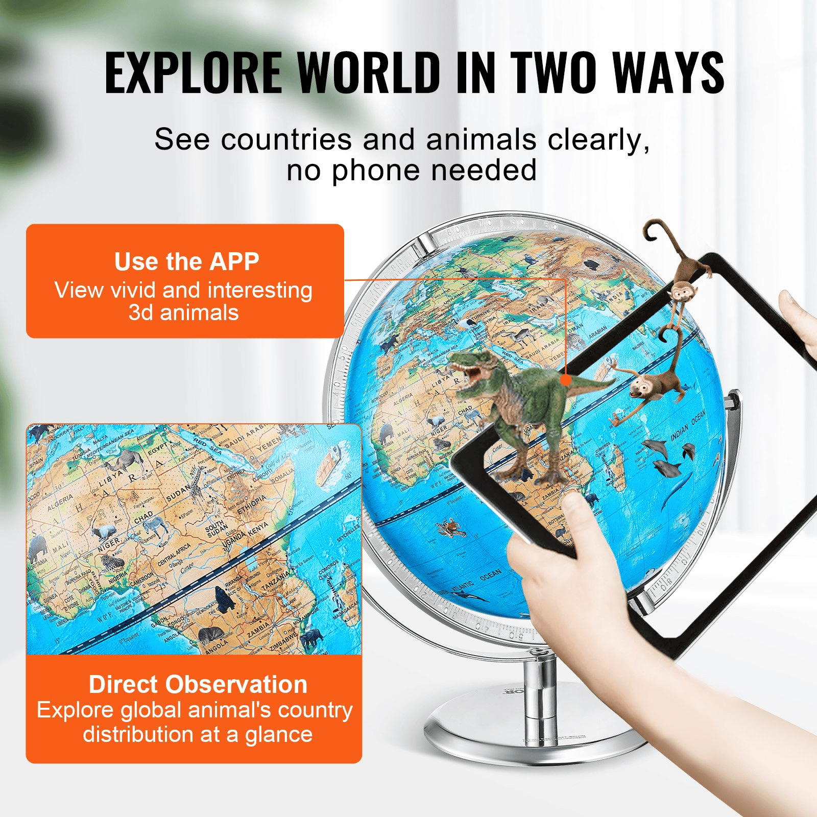 VEVOR Educational Globe for Kids, 10 in/254 mm, Interactive AR World Globe with AR Golden Globe APP LED Night Lighting 720° Rotation, STEM Toy Gifts for Kids Compatible with Android or iOS Devices - The Little Big Store