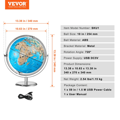 VEVOR Educational Globe for Kids, 10 in/254 mm, Interactive AR World Globe with AR Golden Globe APP LED Night Lighting 720° Rotation, STEM Toy Gifts for Kids Compatible with Android or iOS Devices - The Little Big Store