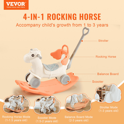 4 in 1 Rocking Horse for Toddlers 1-3 Years, Baby Rocking Horse with Detachable Balance Board, Push Handle and 4 Smooth Wheels, Support up to HDPE 80 lbs Kids Ride on Toy with Sound, Red - The Little Big Store