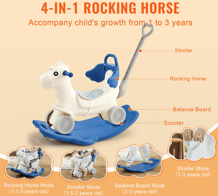 VEVOR 4 in 1 Rocking Horse for Toddlers 1-3 Years, Baby Rocking Horse with Detachable Balance Board, Push Handle and 4 Smooth Wheels, Support up to HDPE 80 lbs Kids Ride on Toy with Sound, Blue - The Little Big Store
