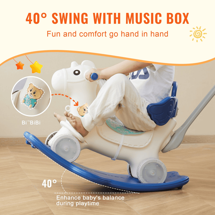 VEVOR 4 in 1 Rocking Horse for Toddlers 1-3 Years, Baby Rocking Horse with Detachable Balance Board, Push Handle and 4 Smooth Wheels, Support up to HDPE 80 lbs Kids Ride on Toy with Sound, Blue - The Little Big Store