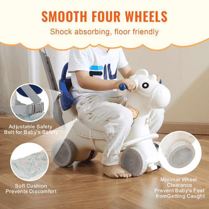 VEVOR 4 in 1 Rocking Horse for Toddlers 1-3 Years, Baby Rocking Horse with Detachable Balance Board, Push Handle and 4 Smooth Wheels, Support up to HDPE 80 lbs Kids Ride on Toy with Sound, Blue - The Little Big Store
