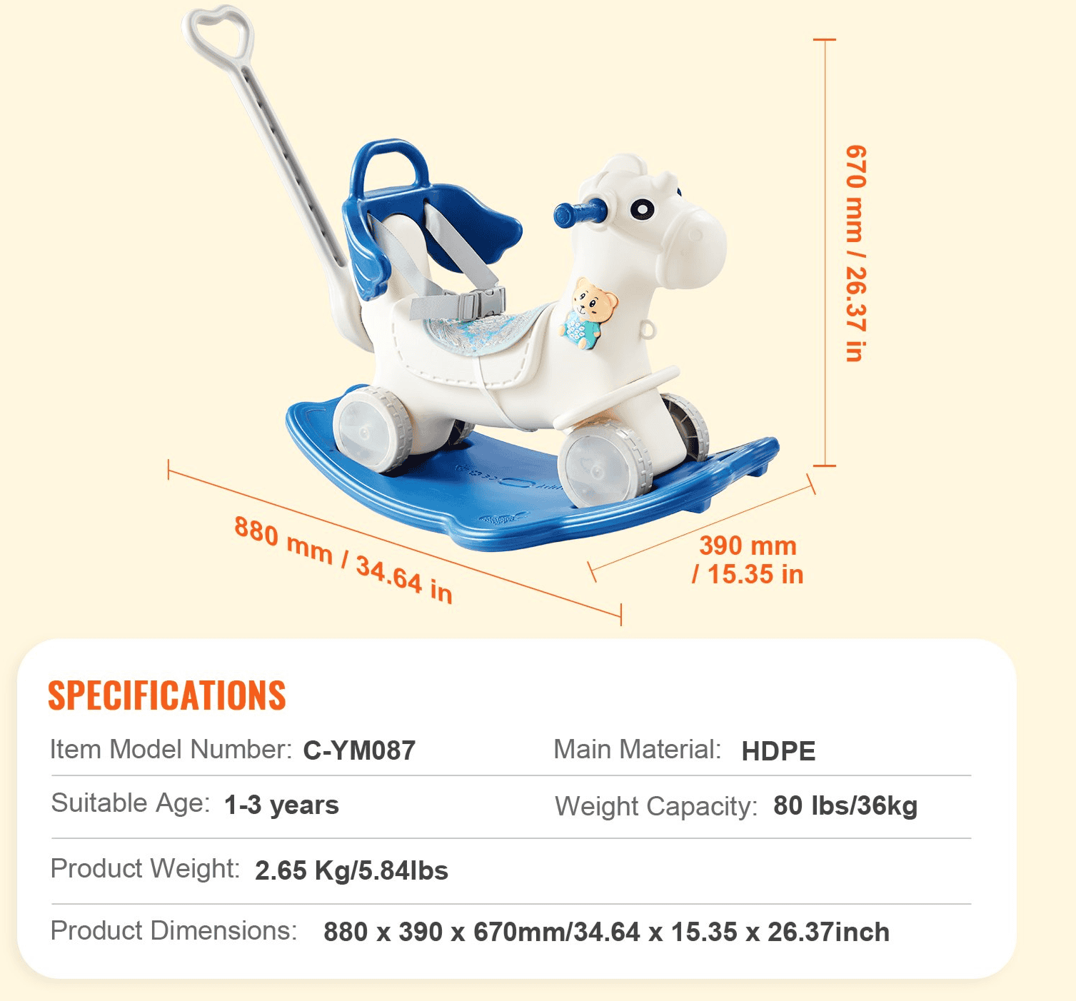 VEVOR 4 in 1 Rocking Horse for Toddlers 1-3 Years, Baby Rocking Horse with Detachable Balance Board, Push Handle and 4 Smooth Wheels, Support up to HDPE 80 lbs Kids Ride on Toy with Sound, Blue - The Little Big Store