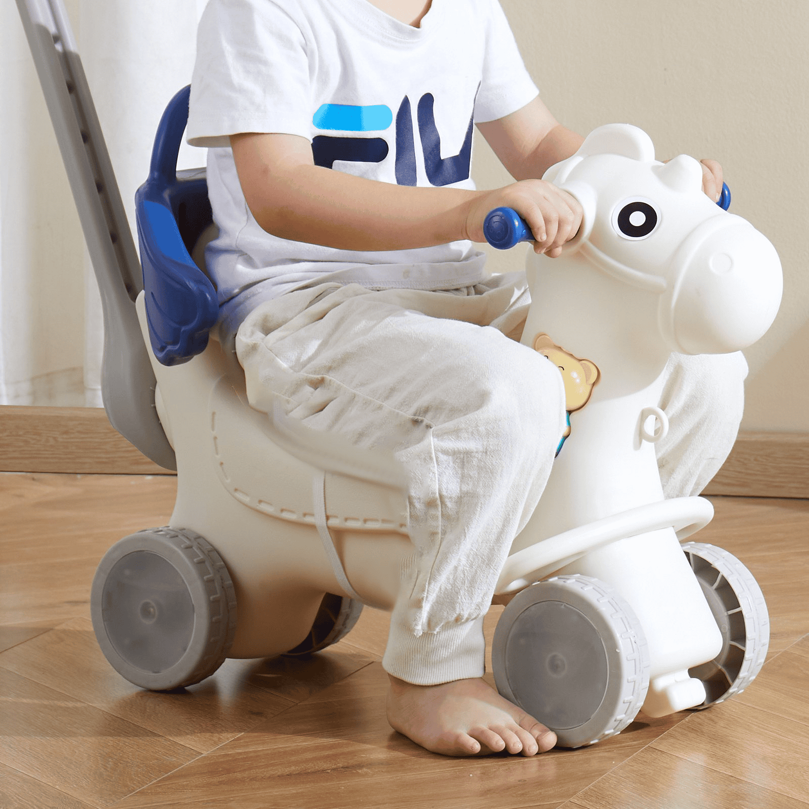 VEVOR 4 in 1 Rocking Horse for Toddlers 1-3 Years, Baby Rocking Horse with Detachable Balance Board, Push Handle and 4 Smooth Wheels, Support up to HDPE 80 lbs Kids Ride on Toy with Sound, Blue - The Little Big Store