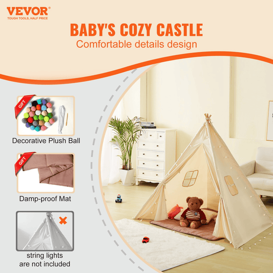 VEVOR Kids Play Tent, Teepee Tent for Kids 1-5 Years Old, Tent for Kids with Windows for Indoor and Outdoor, Toddler Tent with Mat and Plush Decorative Balls, for Boys and Girls, Beige - The Little Big Store