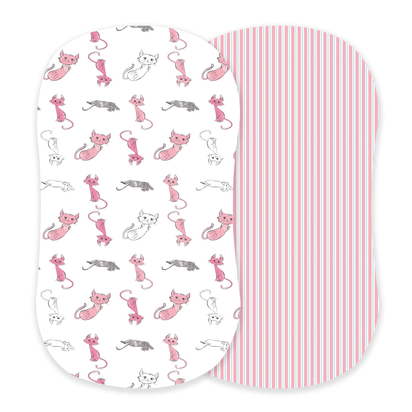 Playful Kitty and Candy Stripe Bamboo Changing Pad Cover/Bassinet Sheets - The Little Big Store