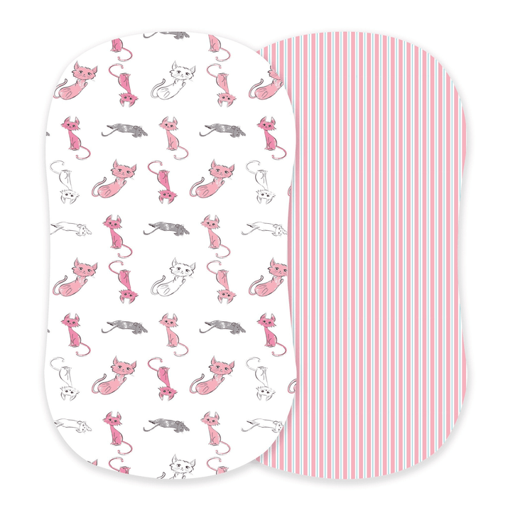 Playful Kitty and Candy Stripe Bamboo Changing Pad Cover/Bassinet Sheets - The Little Big Store