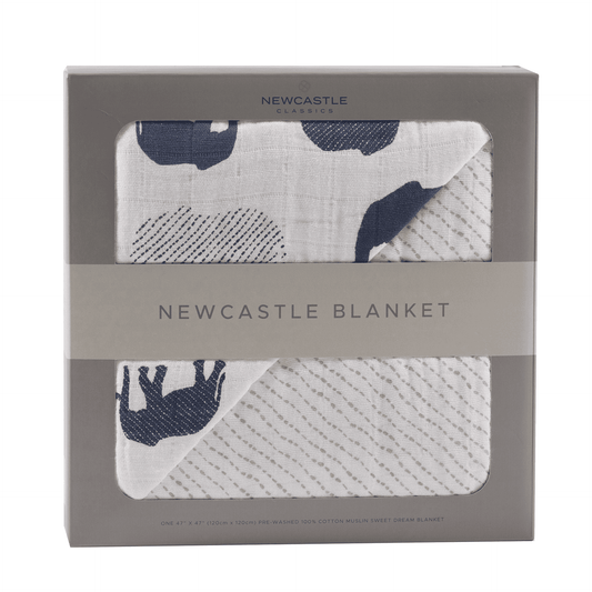 Blue Elephant and Spotted Wave Cotton Muslin Newcastle Blanket - The Little Big Store