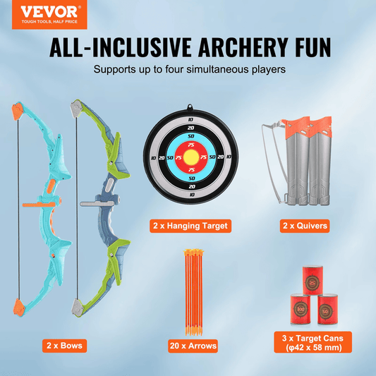 VEVOR Bow and Arrow Set for Kids, 2 Pack LED Light Up Archery Set with 20 Suction Cup Arrows, 2 Hanging Targets, 2 Quivers, 3 Target Cans, Outdoor Toy Birthday Gift for Boy & Girl 6 7 8 9 10+ Year Old - The Little Big Store