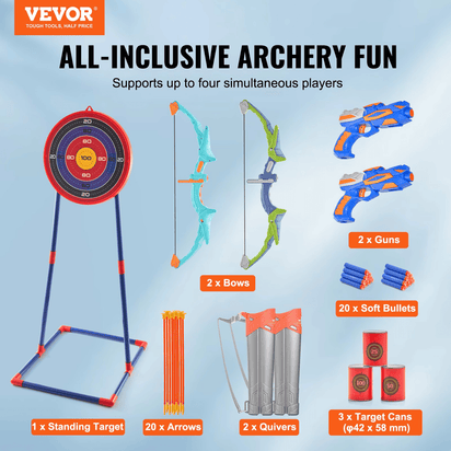 VEVOR Bow and Arrow Set for Kids, 2 Pack LED Light Up Archery Set with 20 Suction Cup Arrows, Standing Target, 2 Quivers, 2 Guns, 20 Soft Bullets, 3 Target Cans, Outdoor Toy for Boy & Girl 6+ Year Old - The Little Big Store