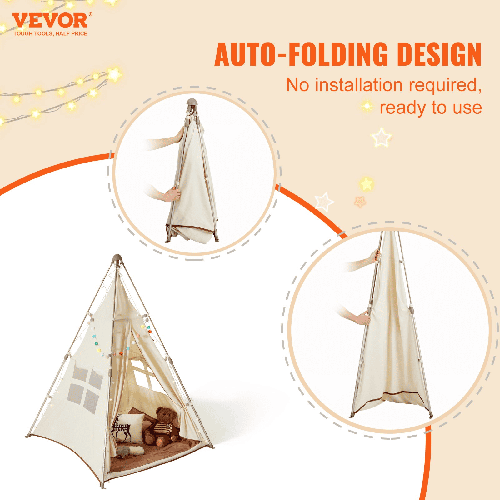 VEVOR Kids Play Tent, Teepee Tent for Kids 1-5 Years Old, Tent for Kids with Windows for Indoor and Outdoor, Foldable Toddler Tent with Mat and Carrying Bag, Kids Tent for Boys and Girls, Beige - The Little Big Store