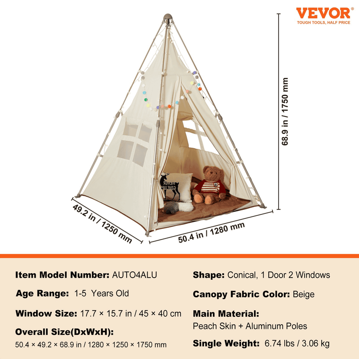 VEVOR Kids Play Tent, Teepee Tent for Kids 1-5 Years Old, Tent for Kids with Windows for Indoor and Outdoor, Foldable Toddler Tent with Mat and Carrying Bag, Kids Tent for Boys and Girls, Beige - The Little Big Store