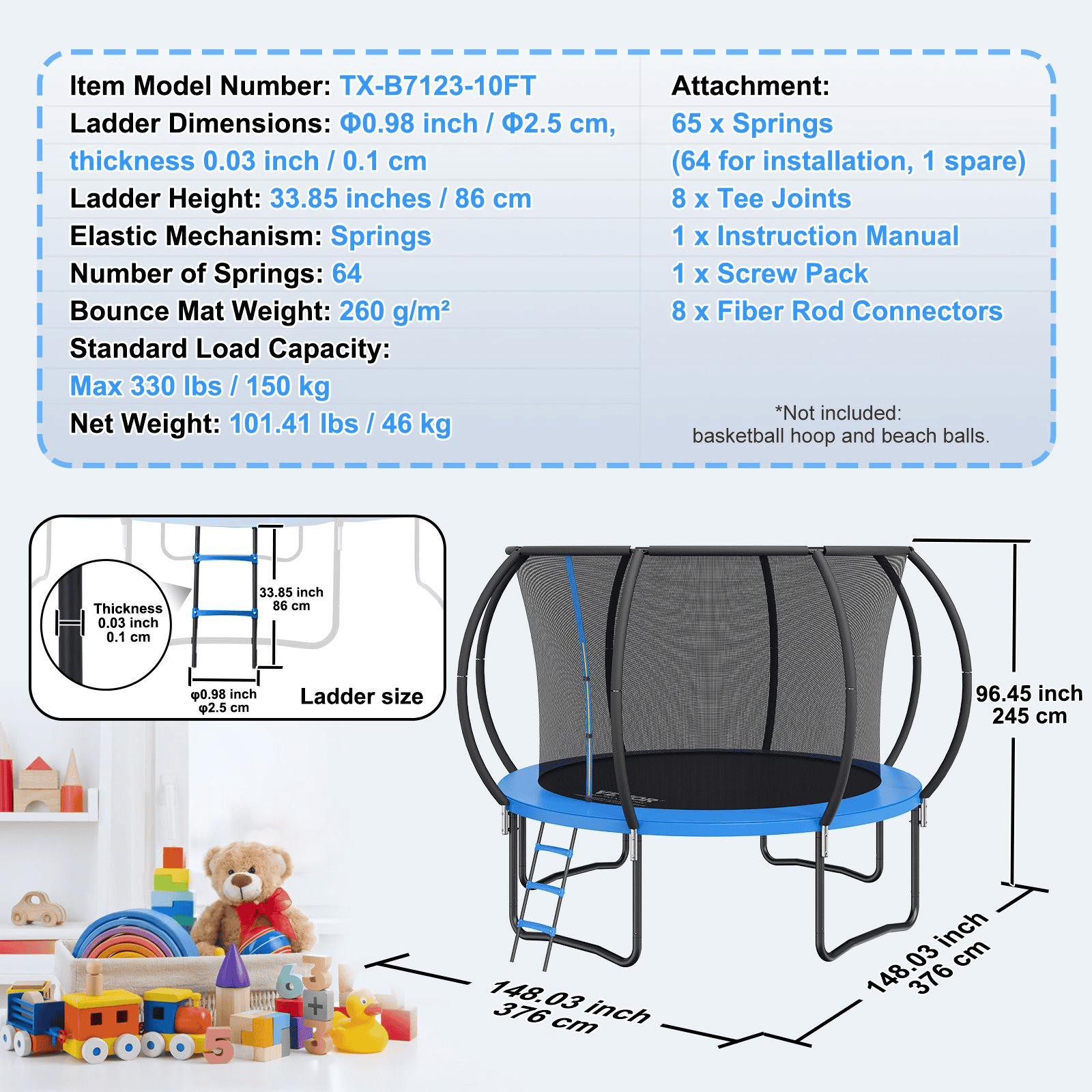 VEVOR 10FT Trampoline, 330 lbs Trampoline with Enclosure Net, Ladder, and Curved Pole, Heavy Duty Trampoline with Jumping Mat and Spring Cover Padding, Outdoor Recreational Trampolines for Kids Adults - The Little Big Store