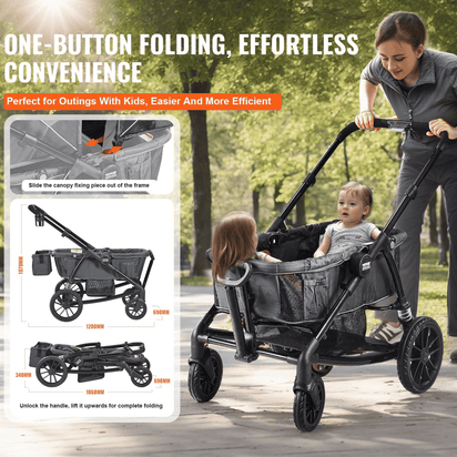 All-Terrain Stroller Wagon, 2 Seats Foldable Expedition 2-in-1 Collapsible Wagon Stroller, Includes Canopy, Parent Organizer, Snack Tray & Cup Holders, 55lbs for Single Seat, Dark Grey/Black - The Little Big Store