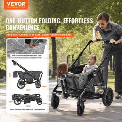 All-Terrain Stroller Wagon, 2 Seats Foldable Expedition 2-in-1 Collapsible Wagon Stroller, Includes Canopy, Parent Organizer, Snack Tray & Cup Holders, 55lbs for Single Seat, Dark Grey/Black - The Little Big Store