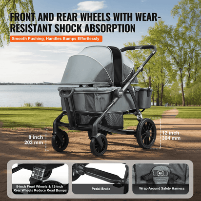 All-Terrain Stroller Wagon, 2 Seats Foldable Expedition 2-in-1 Collapsible Wagon Stroller, Includes Canopy, Parent Organizer, Snack Tray & Cup Holders, 55lbs for Single Seat, Dark Grey/Black - The Little Big Store