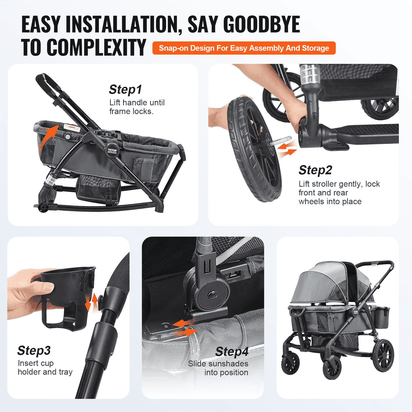 All-Terrain Stroller Wagon, 2 Seats Foldable Expedition 2-in-1 Collapsible Wagon Stroller, Includes Canopy, Parent Organizer, Snack Tray & Cup Holders, 55lbs for Single Seat, Dark Grey/Black - The Little Big Store