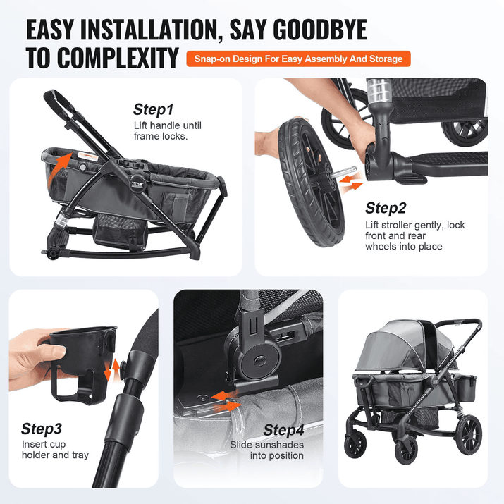 All-Terrain Stroller Wagon, 2 Seats Foldable Expedition 2-in-1 Collapsible Wagon Stroller, Includes Canopy, Parent Organizer, Snack Tray & Cup Holders, 55lbs for Single Seat, Dark Grey/Black - The Little Big Store