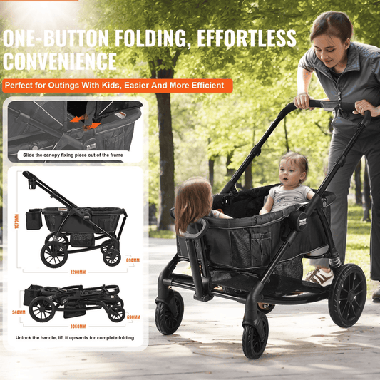 All-Terrain Stroller Wagon, 2 Seats Foldable Expedition 2-in-1 Collapsible Wagon Stroller, Includes Canopy, Parent Organizer, Snack Tray & Cup Holders, 55lbs for Single Seat, Black - The Little Big Store