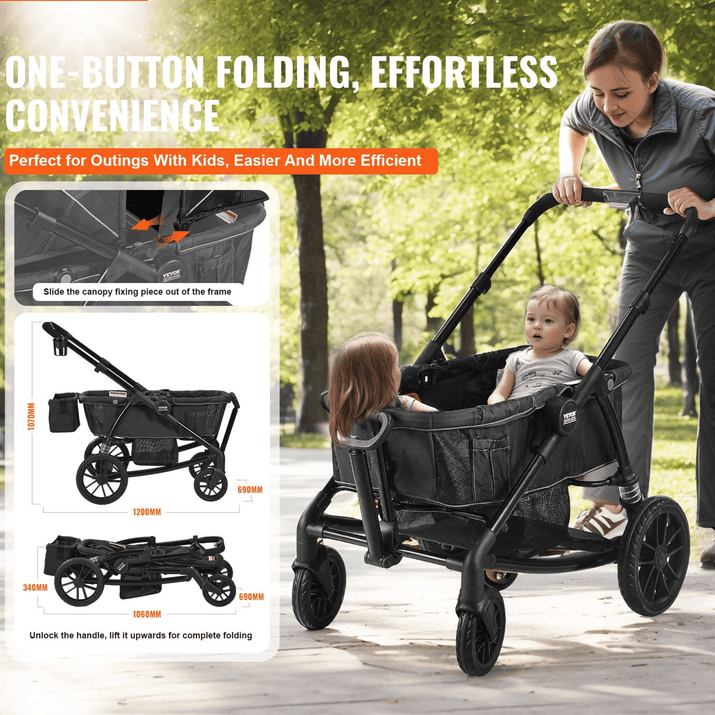 All-Terrain Stroller Wagon, 2 Seats Foldable Expedition 2-in-1 Collapsible Wagon Stroller, Includes Canopy, Parent Organizer, Snack Tray & Cup Holders, 55lbs for Single Seat, Black - The Little Big Store