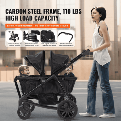 All-Terrain Stroller Wagon, 2 Seats Foldable Expedition 2-in-1 Collapsible Wagon Stroller, Includes Canopy, Parent Organizer, Snack Tray & Cup Holders, 55lbs for Single Seat, Black - The Little Big Store