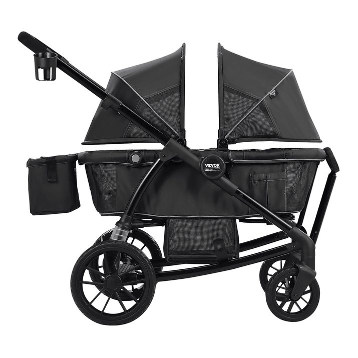 All-Terrain Stroller Wagon, 2 Seats Foldable Expedition 2-in-1 Collapsible Wagon Stroller, Includes Canopy, Parent Organizer, Snack Tray & Cup Holders, 55lbs for Single Seat, Black - The Little Big Store