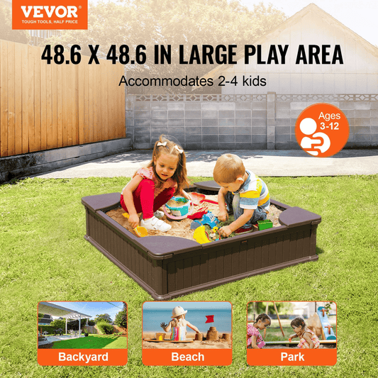VEVOR Sandbox with Cover, 48.6x48.6x12.4 in Square Sand Box, HDPE Sand Pit with 4 Corner Seating and Bottom Liner, Kids Sandbox for Outdoor Backyard, Beach, Park, Gift for Boys Girls Ages 3-12, Brown - The Little Big Store