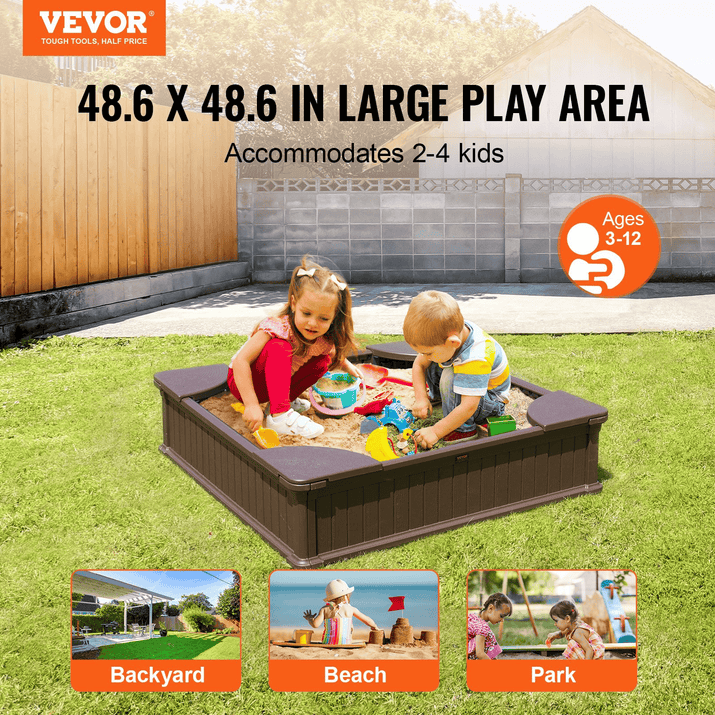 VEVOR Sandbox with Cover, 48.6x48.6x12.4 in Square Sand Box, HDPE Sand Pit with 4 Corner Seating and Bottom Liner, Kids Sandbox for Outdoor Backyard, Beach, Park, Gift for Boys Girls Ages 3-12, Brown - The Little Big Store