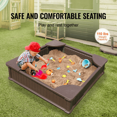 VEVOR Sandbox with Cover, 48.6x48.6x12.4 in Square Sand Box, HDPE Sand Pit with 4 Corner Seating and Bottom Liner, Kids Sandbox for Outdoor Backyard, Beach, Park, Gift for Boys Girls Ages 3-12, Brown - The Little Big Store