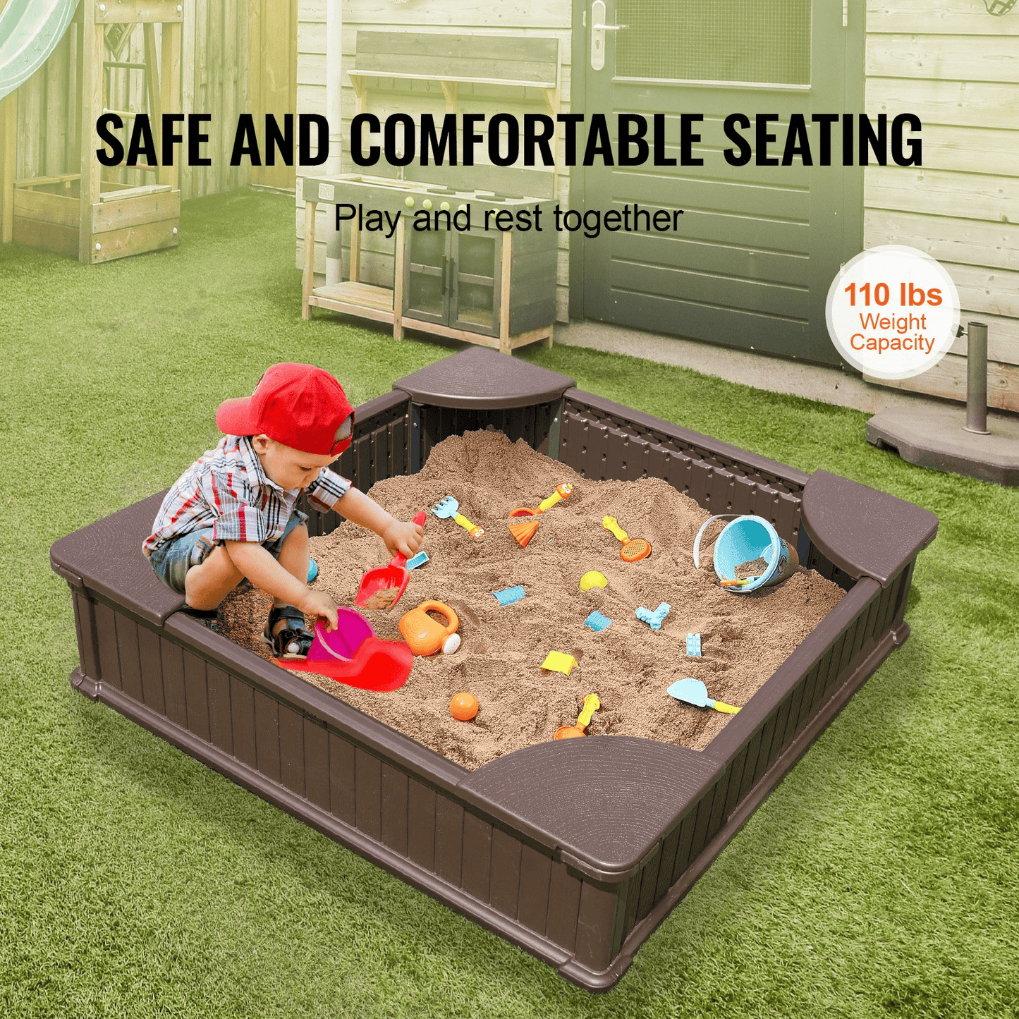 VEVOR Sandbox with Cover, 48.6x48.6x12.4 in Square Sand Box, HDPE Sand Pit with 4 Corner Seating and Bottom Liner, Kids Sandbox for Outdoor Backyard, Beach, Park, Gift for Boys Girls Ages 3-12, Brown - The Little Big Store
