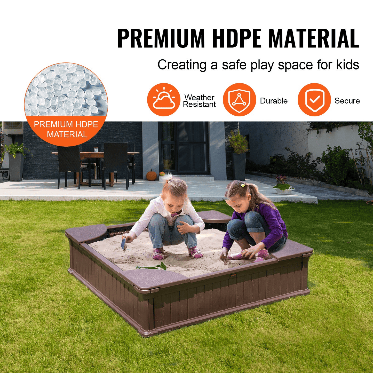 VEVOR Sandbox with Cover, 48.6x48.6x12.4 in Square Sand Box, HDPE Sand Pit with 4 Corner Seating and Bottom Liner, Kids Sandbox for Outdoor Backyard, Beach, Park, Gift for Boys Girls Ages 3-12, Brown - The Little Big Store