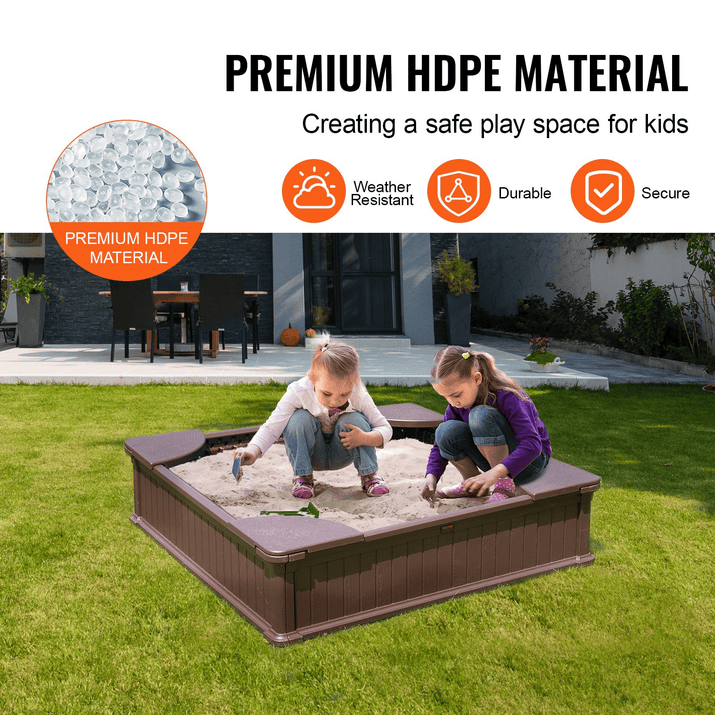 VEVOR Sandbox with Cover, 48.6x48.6x12.4 in Square Sand Box, HDPE Sand Pit with 4 Corner Seating and Bottom Liner, Kids Sandbox for Outdoor Backyard, Beach, Park, Gift for Boys Girls Ages 3-12, Brown - The Little Big Store