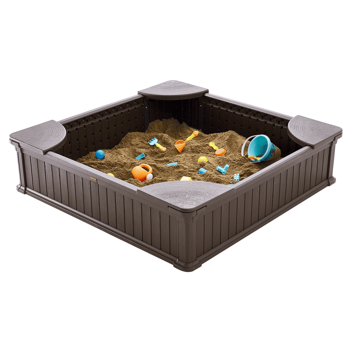 VEVOR Sandbox with Cover, 48.6x48.6x12.4 in Square Sand Box, HDPE Sand Pit with 4 Corner Seating and Bottom Liner, Kids Sandbox for Outdoor Backyard, Beach, Park, Gift for Boys Girls Ages 3-12, Brown - The Little Big Store