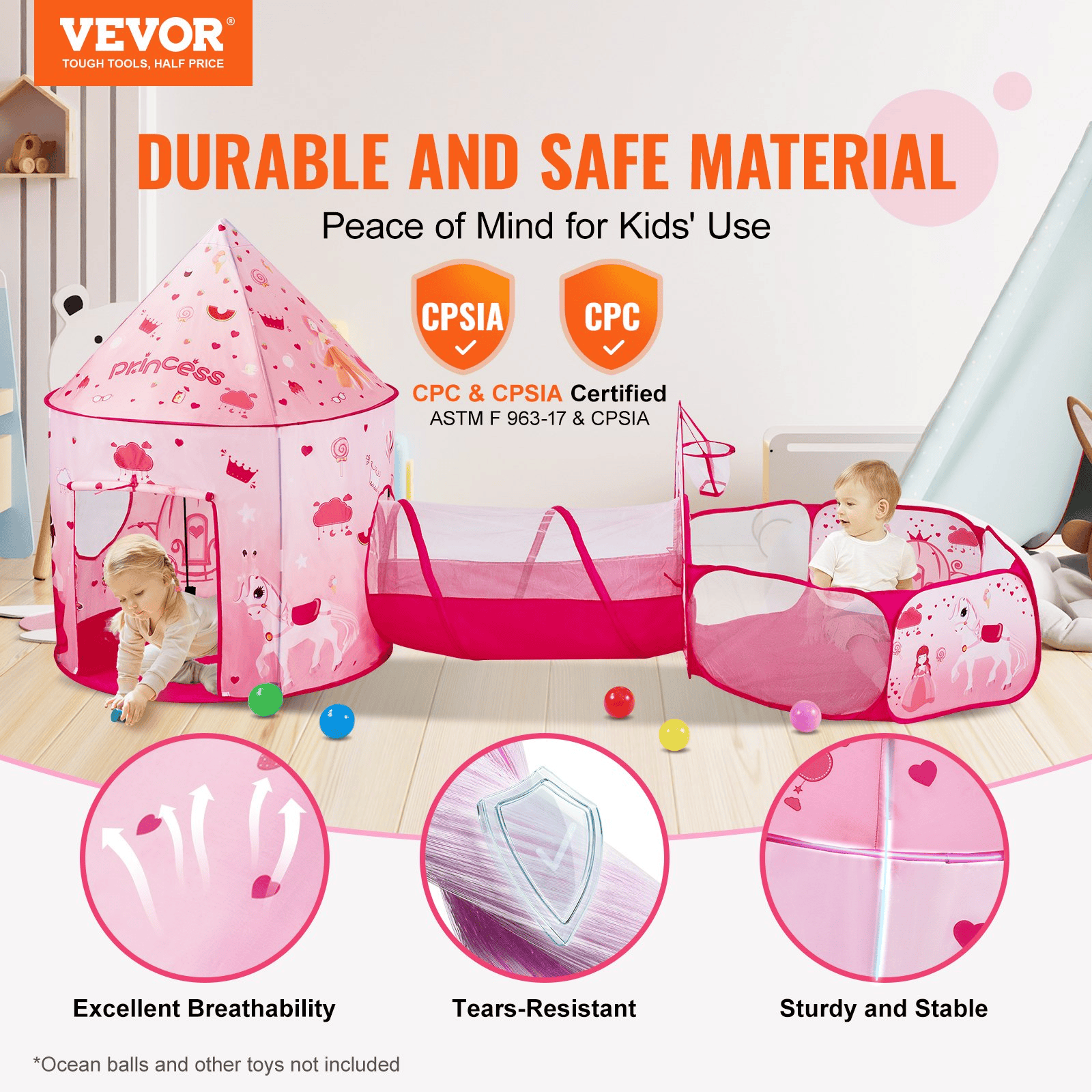 VEVOR 3 in 1 Kids Play Tent with Tunnel for Girls, Princes, Boys, Babies and Toddlers, Indoor/Outdoor Pop Up Playhouse with Carrying Bag & Banding Straps as Birthday Gifts, Magenta Color - The Little Big Store