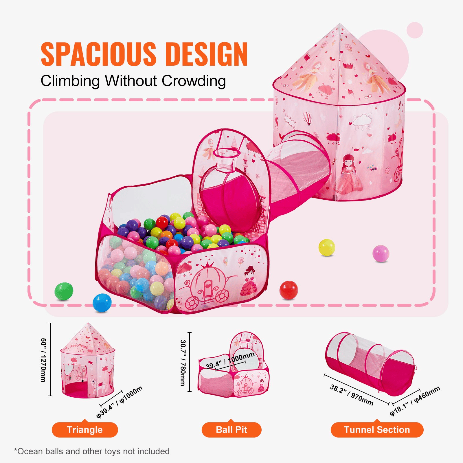 VEVOR 3 in 1 Kids Play Tent with Tunnel for Girls, Princes, Boys, Babies and Toddlers, Indoor/Outdoor Pop Up Playhouse with Carrying Bag & Banding Straps as Birthday Gifts, Magenta Color - The Little Big Store