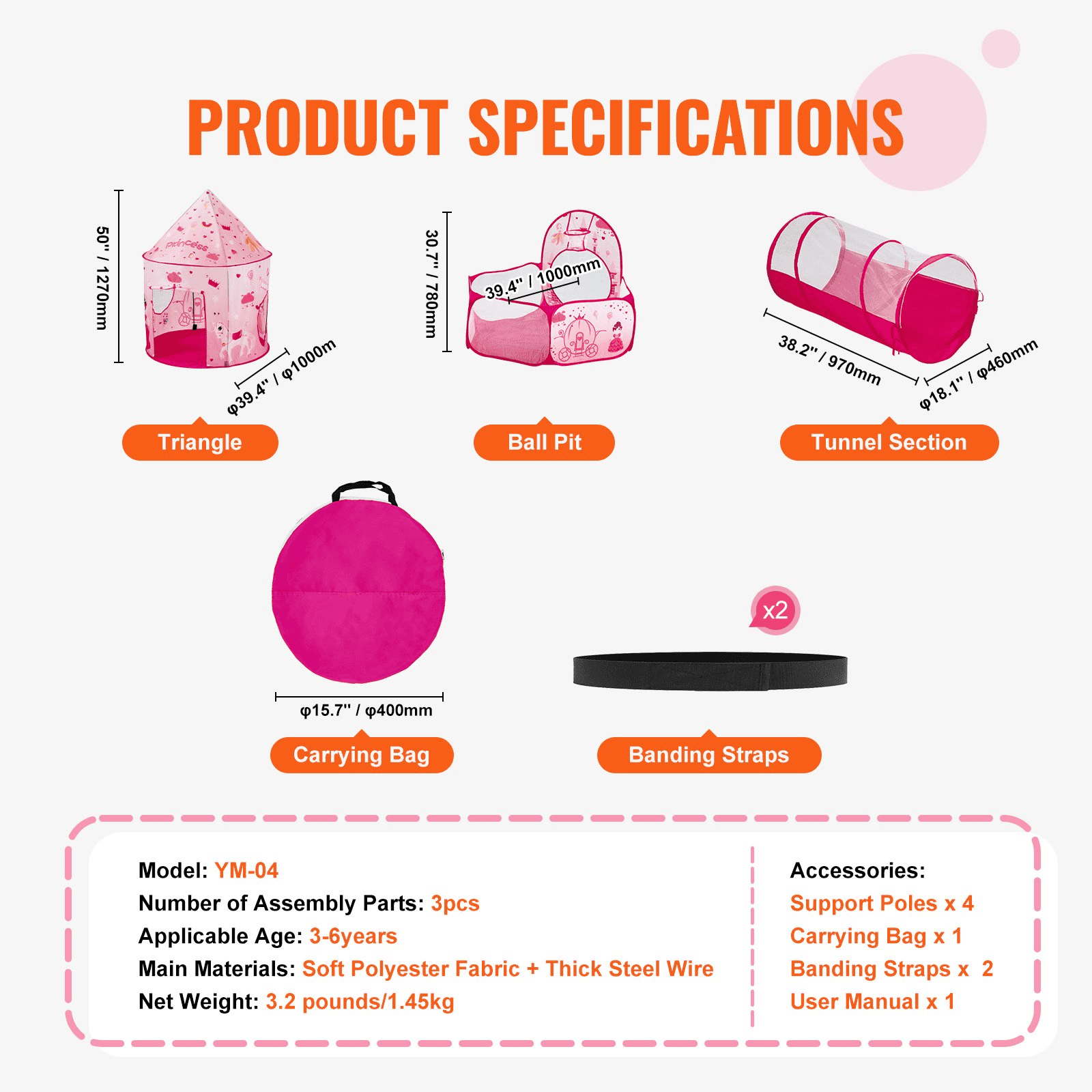VEVOR 3 in 1 Kids Play Tent with Tunnel for Girls, Princes, Boys, Babies and Toddlers, Indoor/Outdoor Pop Up Playhouse with Carrying Bag & Banding Straps as Birthday Gifts, Magenta Color - The Little Big Store