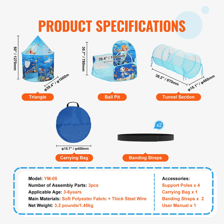 VEVOR 3-in-1 Kids Adventure Play Tent – Tunnel, Basketball Hoop & Ball Pit | Indoor & Outdoor Pop-Up Fun for Toddlers, Boys & Girls, Blue Ocean - The Little Big Store