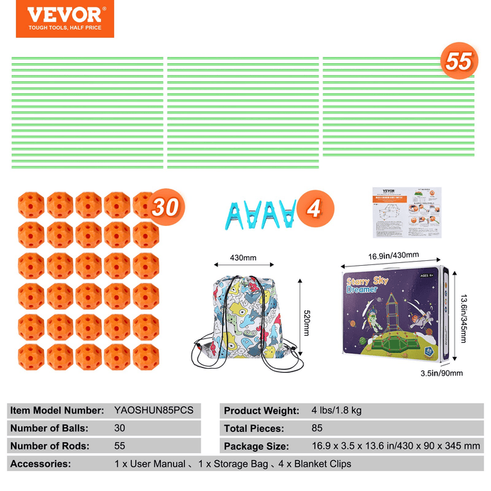 VEVOR Tent Fort Building Kit for Kids Glow In The Dark STEM Construction Toy 85P - The Little Big Store