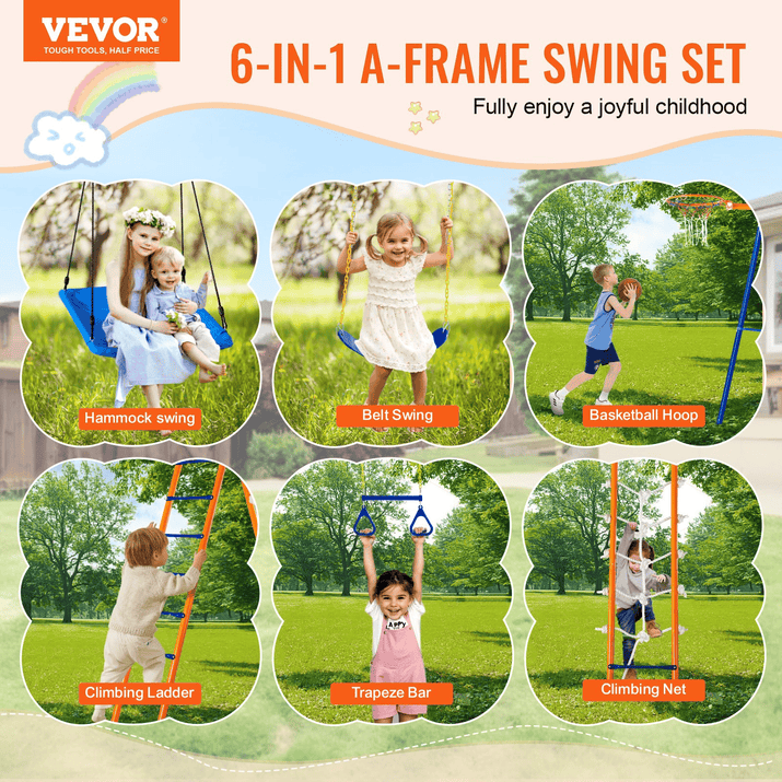 VEVOR Swing Sets for Backyard 6 in 1 Swing Set 440lbs Capacity Metal Swingset - The Little Big Store
