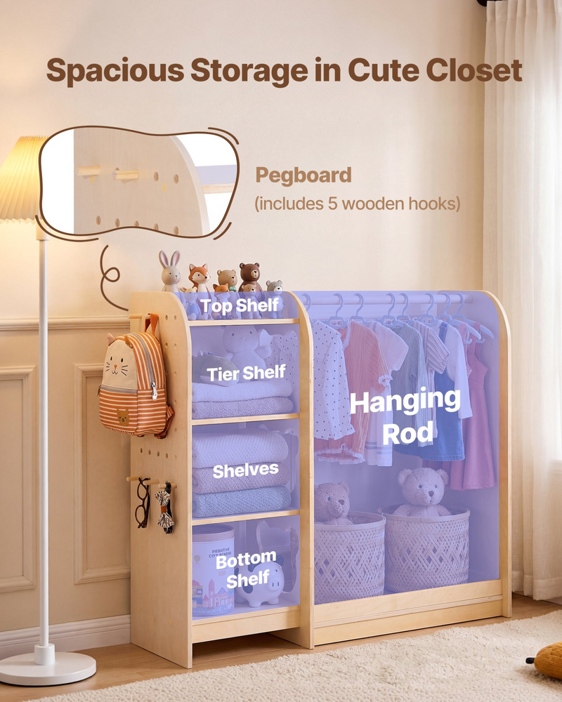 Kids Dress-Up Storage Rack with Mirror – Wooden Toddler Wardrobe Organizer (Natural)