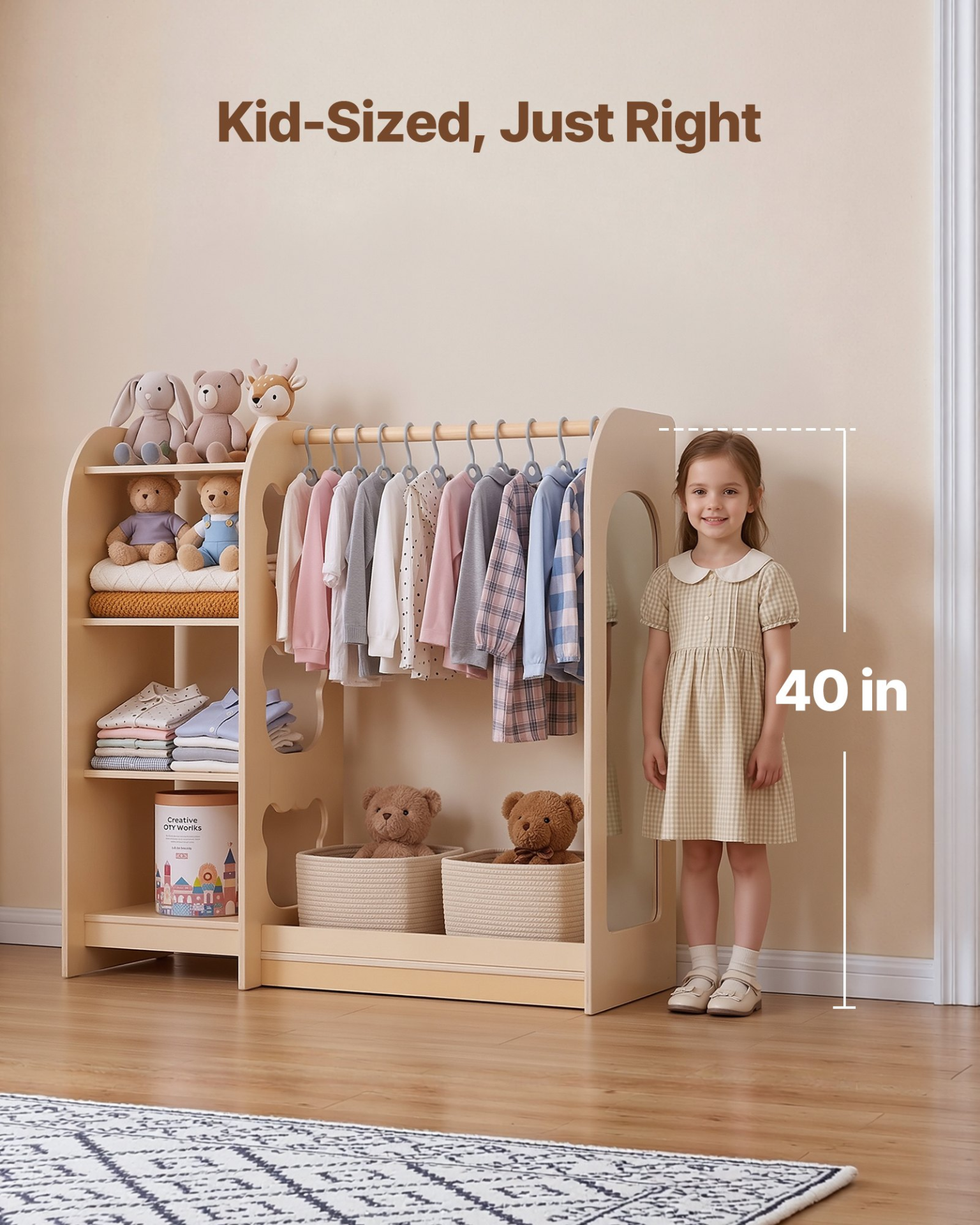 Kids Dress-Up Storage Rack with Mirror – Wooden Toddler Wardrobe Organizer (Natural)