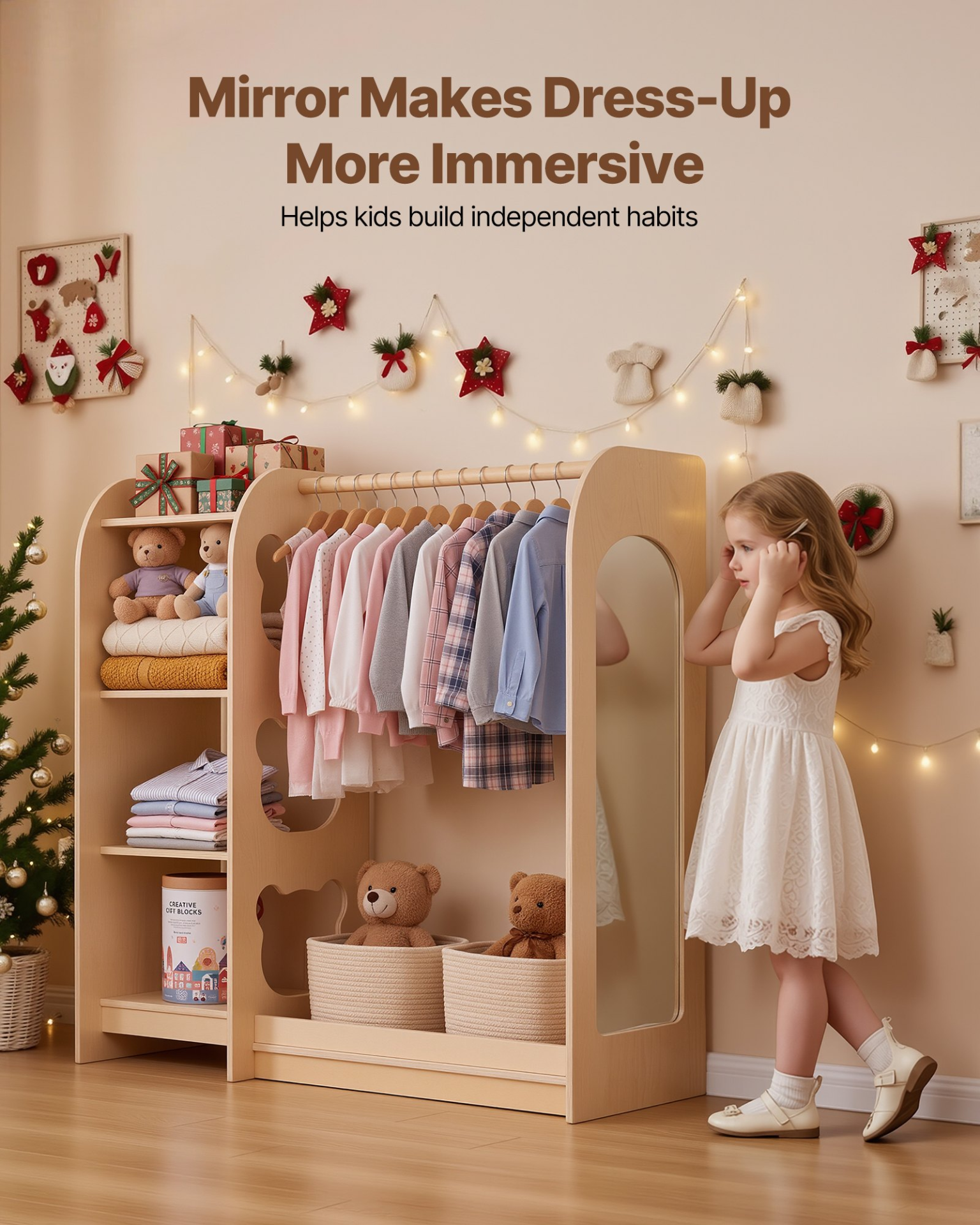 Kids Dress-Up Storage Rack with Mirror – Wooden Toddler Wardrobe Organizer (Natural)