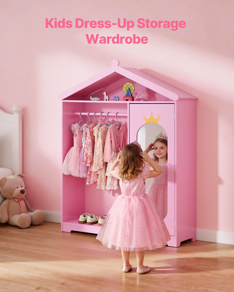 Kids Dress Up Storage Closet with Mirror – Princess Wardrobe Organizer Pink