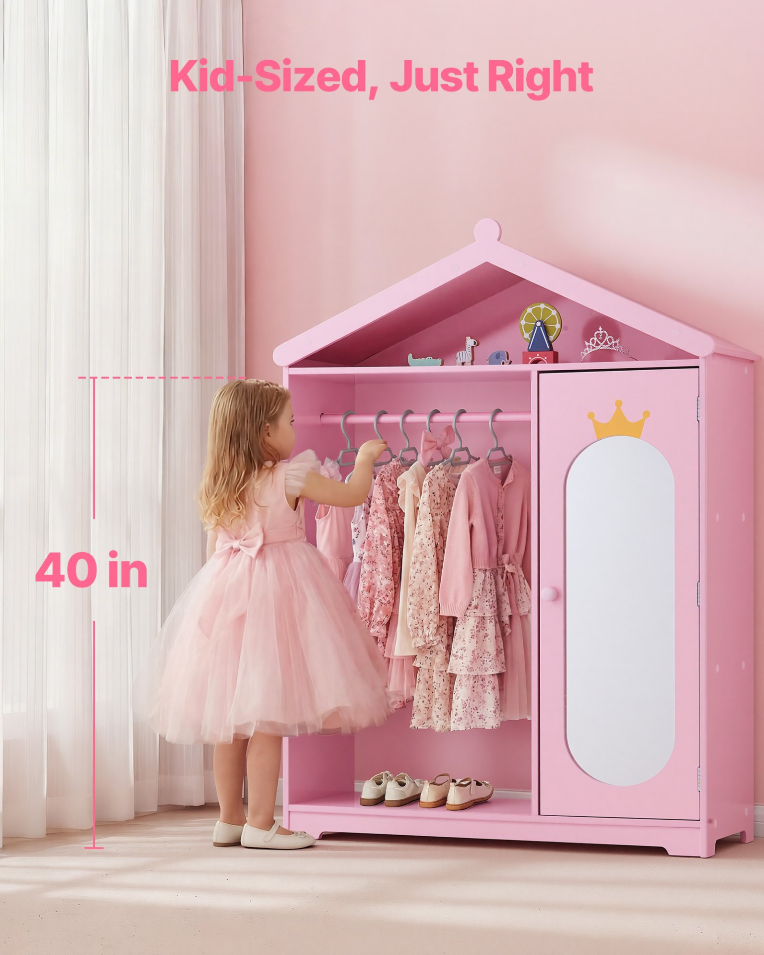 Kids Dress Up Storage Closet with Mirror – Princess Wardrobe Organizer Pink